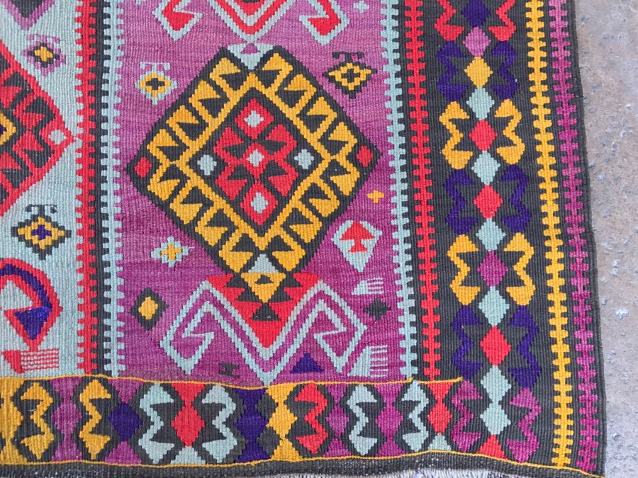 Vintage Turkish Kilim Wool Rug With Vivid Colors 4'9' X 12'5' - Great Designer Rug [Photo 8]