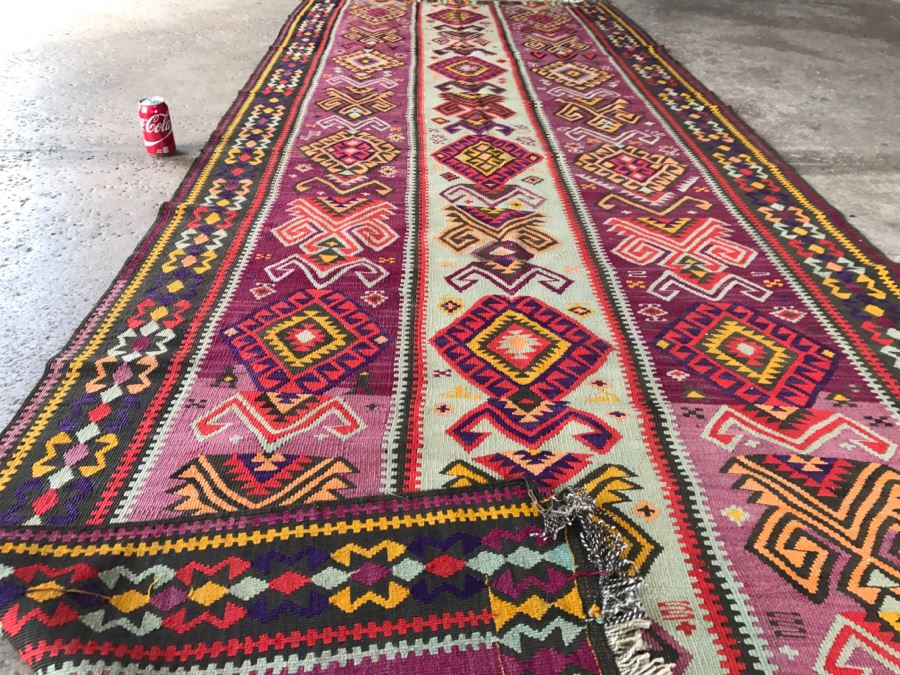 Vintage Turkish Kilim Wool Rug With Vivid Colors 4'9' X 12'5' - Great Designer Rug [Photo 16]