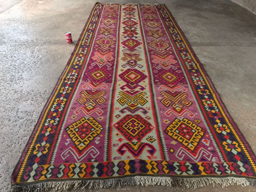 Vintage Turkish Kilim Wool Rug With Vivid Colors 4'9' X 12'5' - Great Designer Rug [Photo 2]