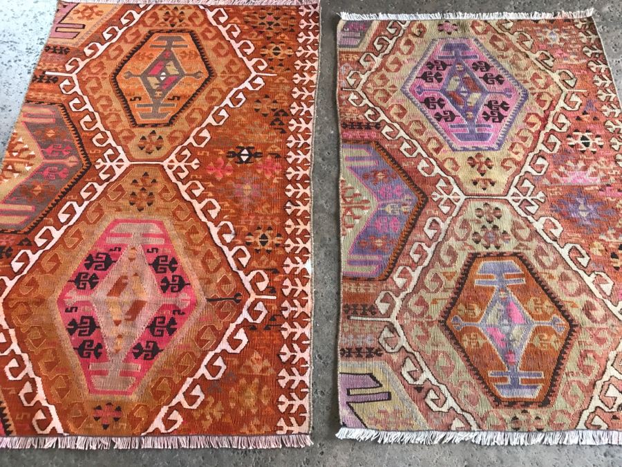 Pair Of Vintage Turkish Kilim Wool Rugs 2'7' X 4' And 2'7' X 3'10' [Photo 2]
