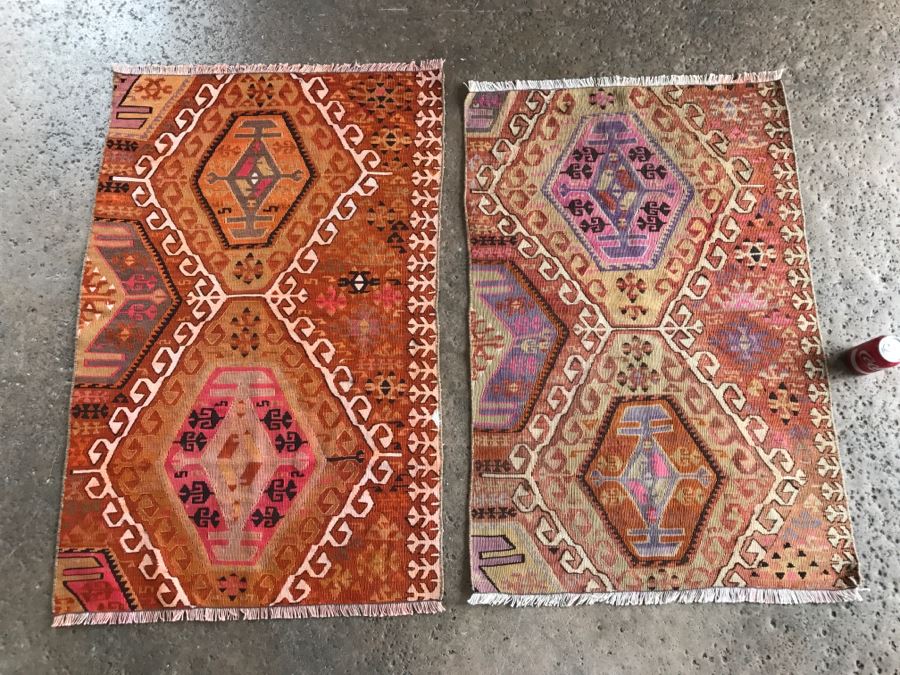 Pair Of Vintage Turkish Kilim Wool Rugs 2'7' X 4' And 2'7' X 3'10'