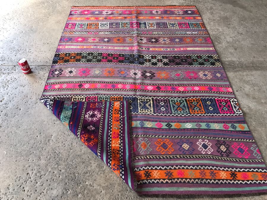 Vintage Turkish Embroidery Kilim Rug With Vivid Colors 4'10' X 7'2' [Photo 10]