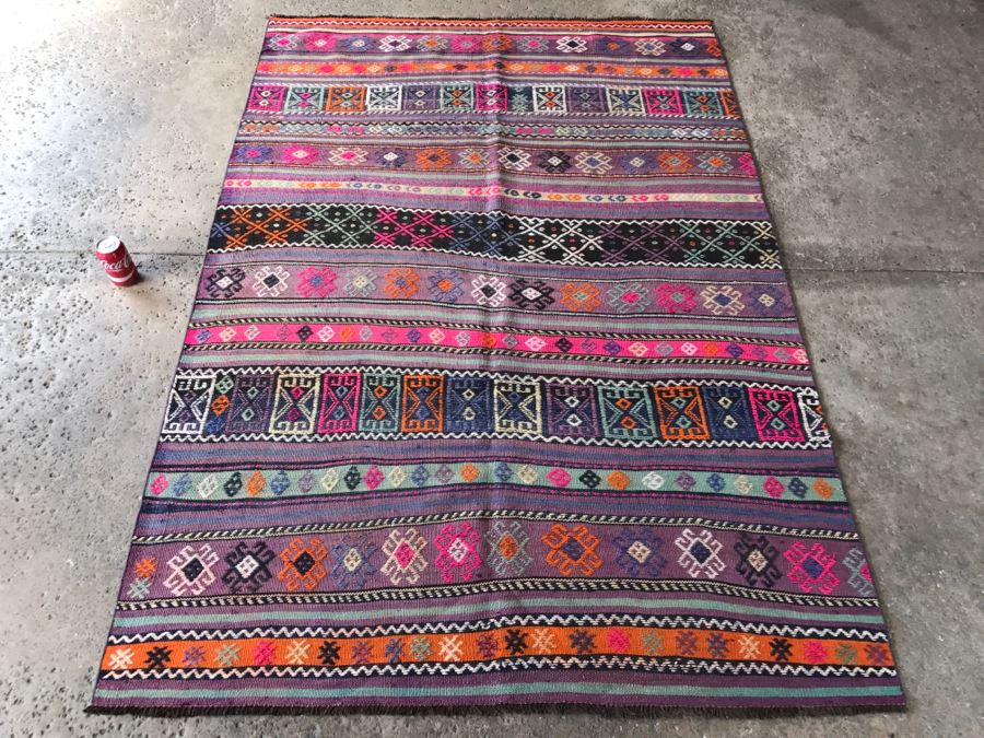Vintage Turkish Embroidery Kilim Rug With Vivid Colors 4'10' X 7'2' [Photo 2]