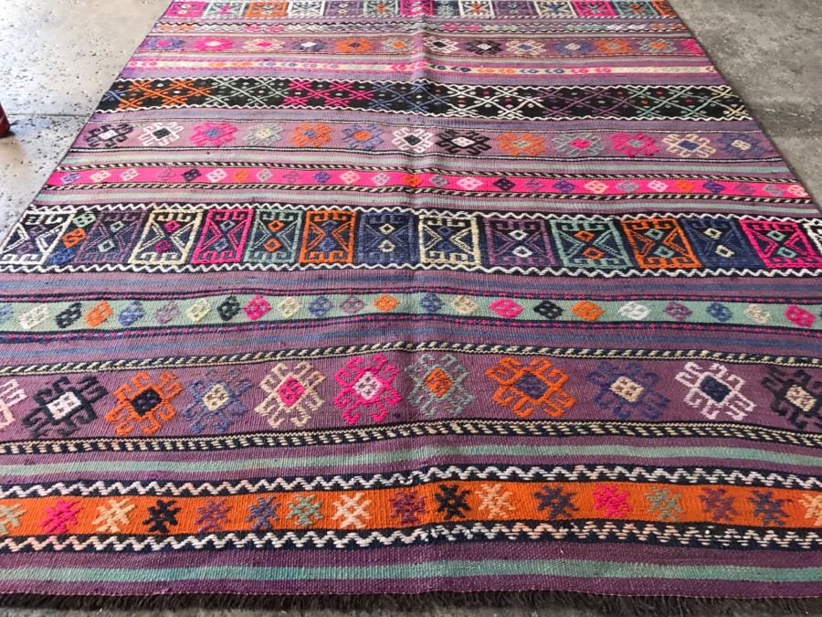 Vintage Turkish Embroidery Kilim Rug With Vivid Colors 4'10' X 7'2' [Photo 4]