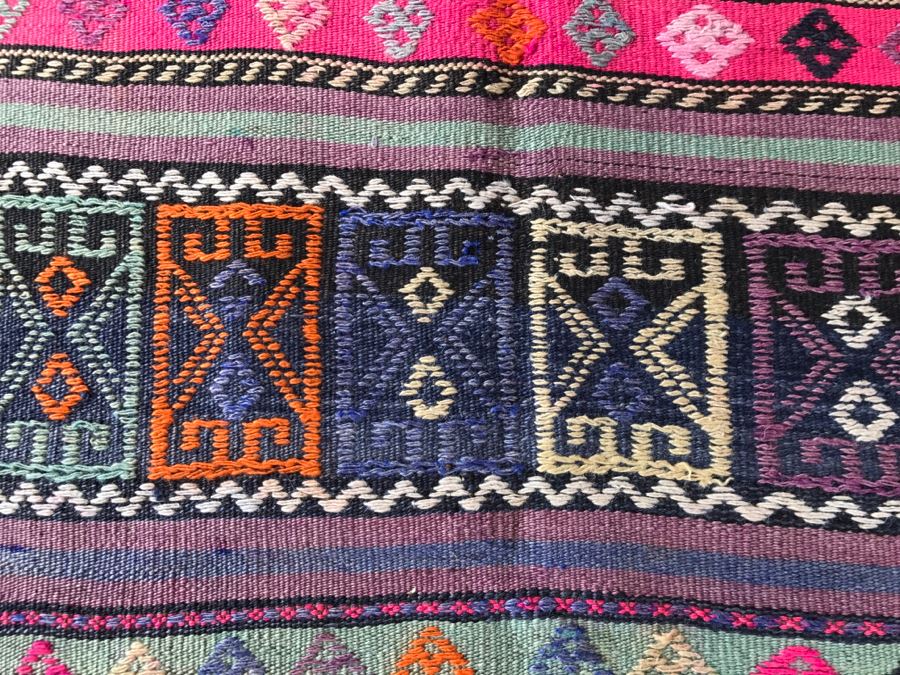 Vintage Turkish Embroidery Kilim Rug With Vivid Colors 4'10' X 7'2' [Photo 9]
