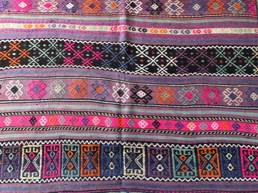 Vintage Turkish Embroidery Kilim Rug With Vivid Colors 4'10' X 7'2' [Photo 6]