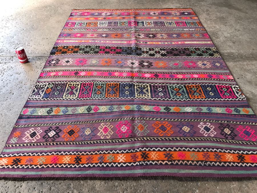 Vintage Turkish Embroidery Kilim Rug With Vivid Colors 4'10' X 7'2' [Photo 3]