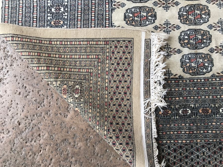 Vintage Pakistani Bokhara Rug Cream With Small Medallions In Black And Pink With Black And Pink Border Tight Weave 8.5' X 10.1' Appraised At $2,600 In 2000 [Photo 15]