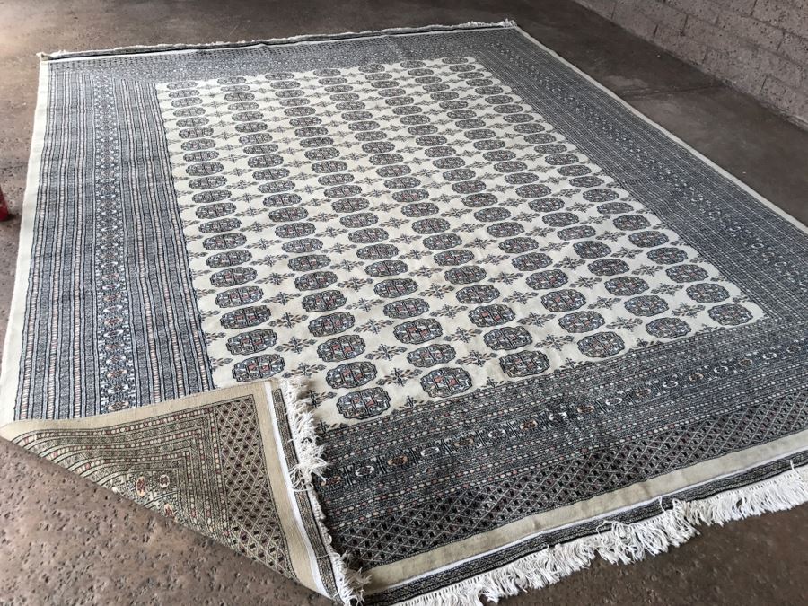 Vintage Pakistani Bokhara Rug Cream With Small Medallions In Black And Pink With Black And Pink Border Tight Weave 8.5' X 10.1' Appraised At $2,600 In 2000 [Photo 14]