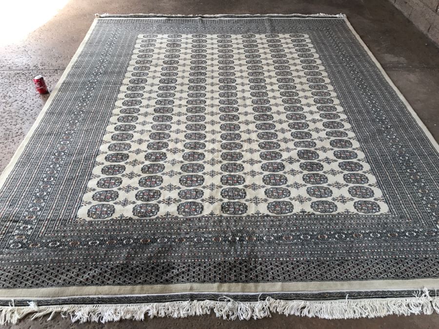 Vintage Pakistani Bokhara Rug Cream With Small Medallions In Black And Pink With Black And Pink Border Tight Weave 8.5' X 10.1' Appraised At $2,600 In 2000 [Photo 2]
