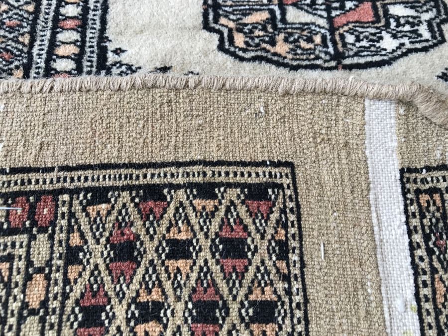 Vintage Pakistani Bokhara Rug Cream With Small Medallions In Black And Pink With Black And Pink Border Tight Weave 8.5' X 10.1' Appraised At $2,600 In 2000 [Photo 16]