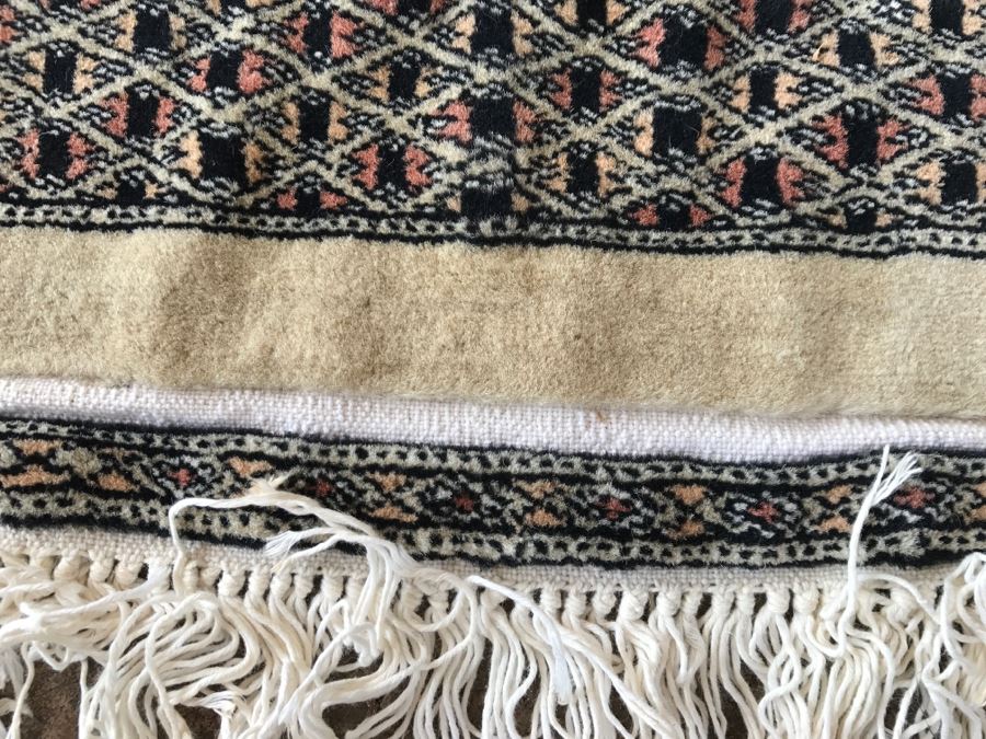 Vintage Pakistani Bokhara Rug Cream With Small Medallions In Black And Pink With Black And Pink Border Tight Weave 8.5' X 10.1' Appraised At $2,600 In 2000 [Photo 5]