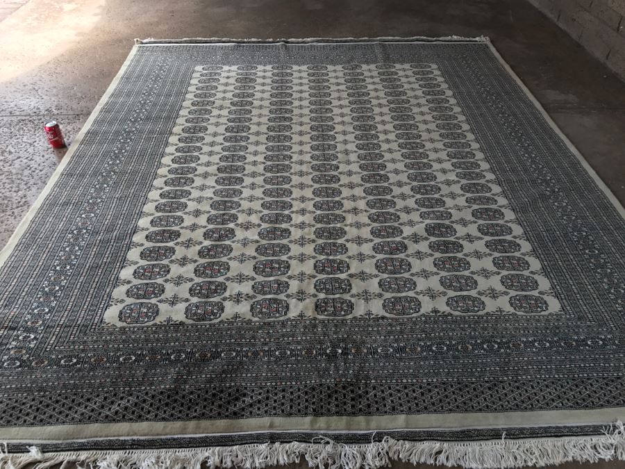 Vintage Pakistani Bokhara Rug Cream With Small Medallions In Black And Pink With Black And Pink Border Tight Weave 8.5' X 10.1' Appraised At $2,600 In 2000 [Photo 3]