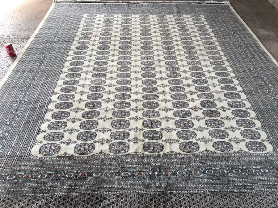 Vintage Pakistani Bokhara Rug Cream With Small Medallions In Black And Pink With Black And Pink Border Tight Weave 8.5' X 10.1' Appraised At $2,600 In 2000 [Photo 7]