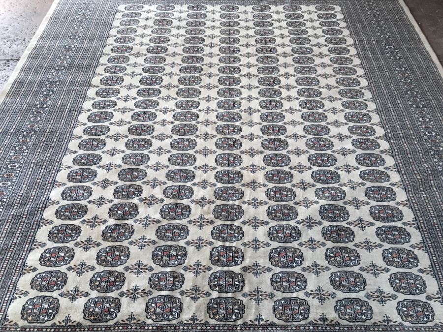 Vintage Pakistani Bokhara Rug Cream With Small Medallions In Black And Pink With Black And Pink Border Tight Weave 8.5' X 10.1' Appraised At $2,600 In 2000 [Photo 9]