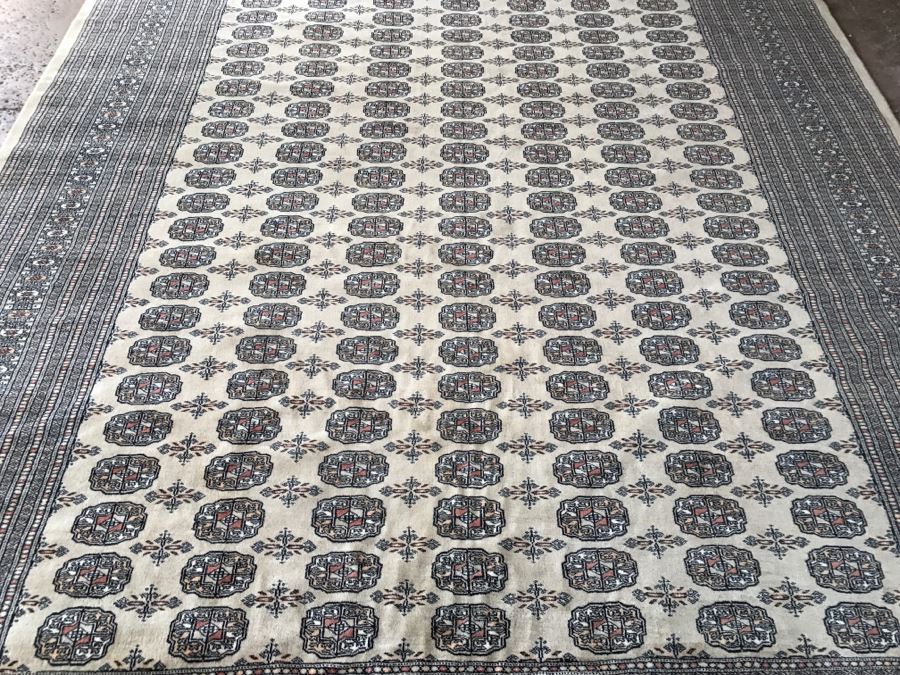 Vintage Pakistani Bokhara Rug Cream With Small Medallions In Black And Pink With Black And Pink Border Tight Weave 8.5' X 10.1' Appraised At $2,600 In 2000 [Photo 8]