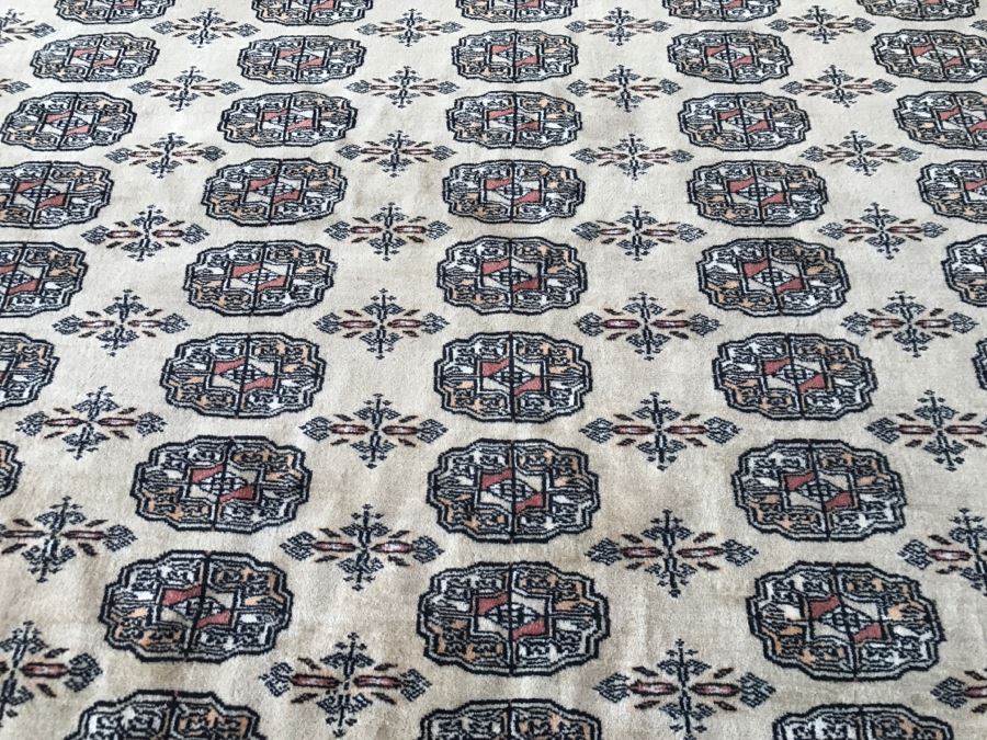 Vintage Pakistani Bokhara Rug Cream With Small Medallions In Black And Pink With Black And Pink Border Tight Weave 8.5' X 10.1' Appraised At $2,600 In 2000 [Photo 11]