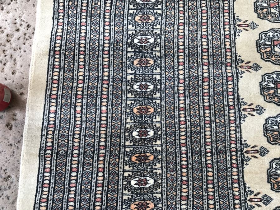 Vintage Pakistani Bokhara Rug Cream With Small Medallions In Black And Pink With Black And Pink Border Tight Weave 8.5' X 10.1' Appraised At $2,600 In 2000 [Photo 12]