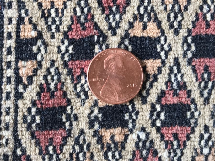 Vintage Pakistani Bokhara Rug Cream With Small Medallions In Black And Pink With Black And Pink Border Tight Weave 8.5' X 10.1' Appraised At $2,600 In 2000 [Photo 18]