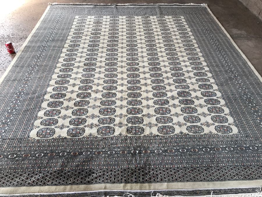 Vintage Pakistani Bokhara Rug Cream With Small Medallions In Black And Pink With Black And Pink Border Tight Weave 8.5' X 10.1' Appraised At $2,600 In 2000 [Photo 4]