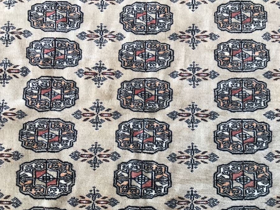 Vintage Pakistani Bokhara Rug Cream With Small Medallions In Black And Pink With Black And Pink Border Tight Weave 8.5' X 10.1' Appraised At $2,600 In 2000 [Photo 10]