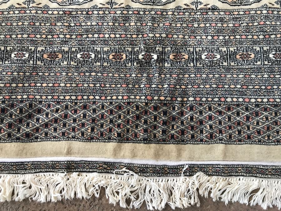 Vintage Pakistani Bokhara Rug Cream With Small Medallions In Black And Pink With Black And Pink Border Tight Weave 8.5' X 10.1' Appraised At $2,600 In 2000 [Photo 6]