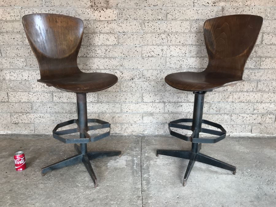 Bent Wood And Metal Crafted Bar Stools - 90 Degree Swivel - 1'7'W X 3'7'H