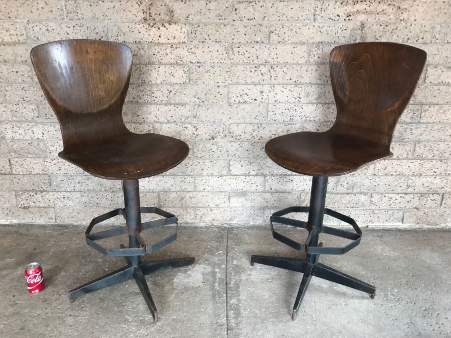 Bent Wood And Metal Crafted Bar Stools - 90 Degree Swivel - 1'7'W X 3'7'H [Photo 2]