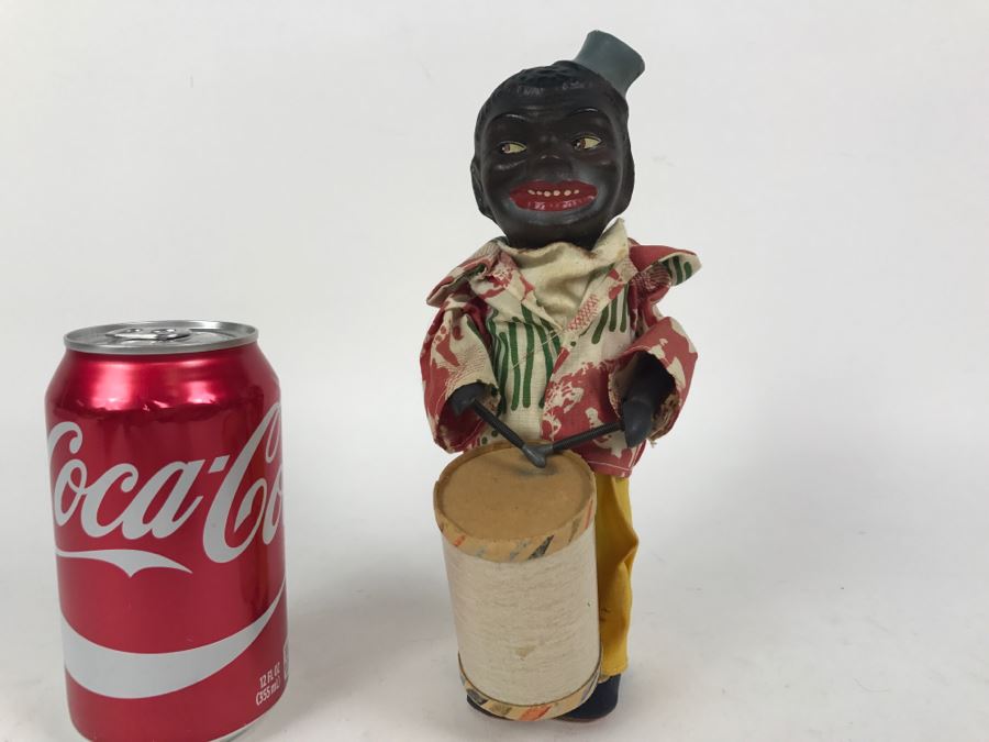 Old German USZ Mechanical Wind-Up Black Drummer Doll Toy - Missing Wind-Up Key - Head Is Loose [Photo 1]