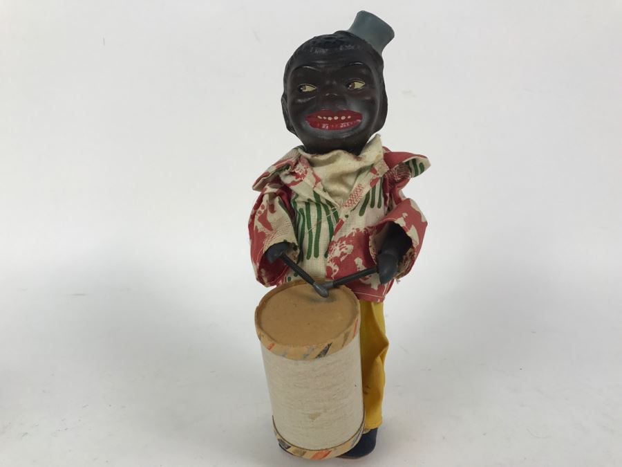 Old German USZ Mechanical Wind-Up Black Drummer Doll Toy - Missing Wind-Up Key - Head Is Loose [Photo 4]