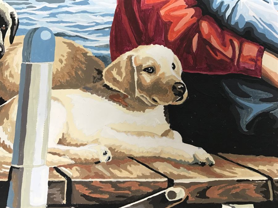 Vintage Paint By Number Grandpa With Grandson Fishing On Dock With Labs [Photo 7]