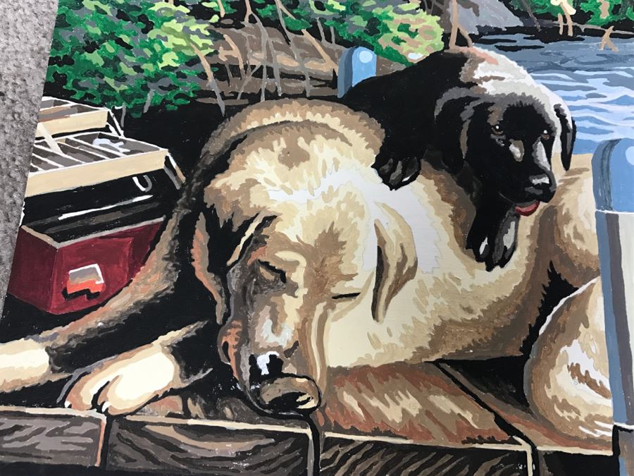 Vintage Paint By Number Grandpa With Grandson Fishing On Dock With Labs [Photo 9]