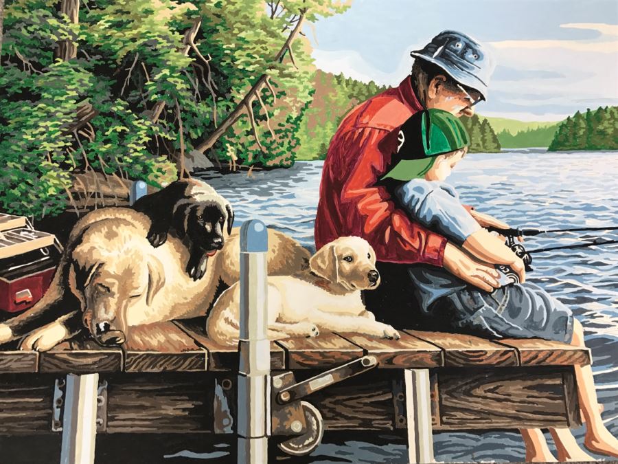Vintage Paint By Number Grandpa With Grandson Fishing On Dock With Labs [Photo 3]