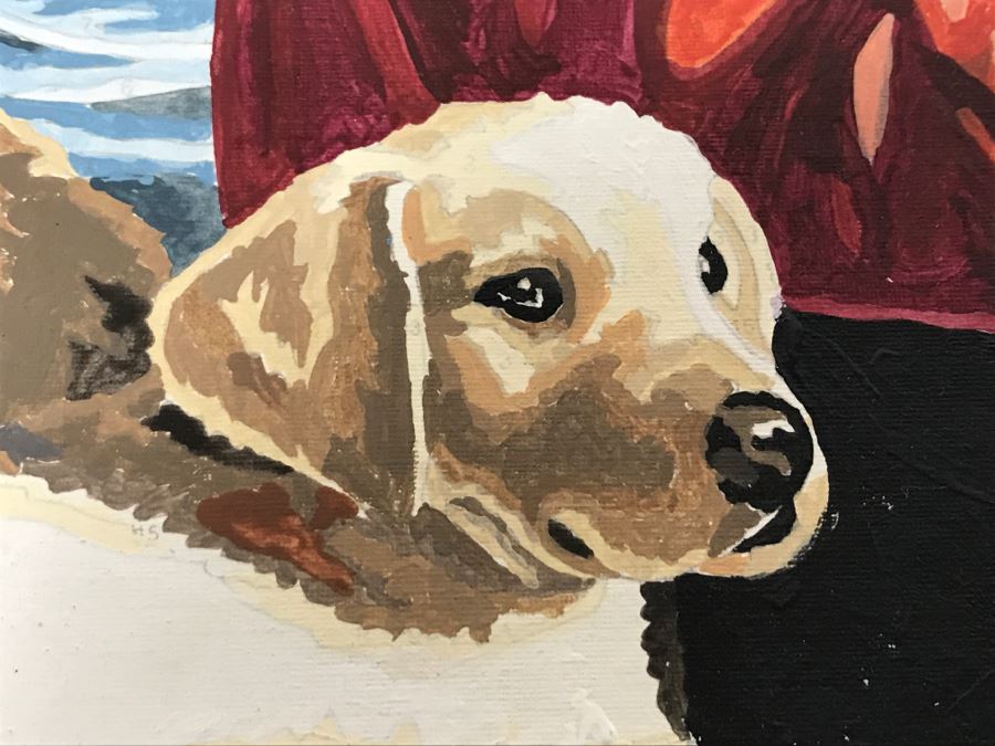 Vintage Paint By Number Grandpa With Grandson Fishing On Dock With Labs [Photo 10]