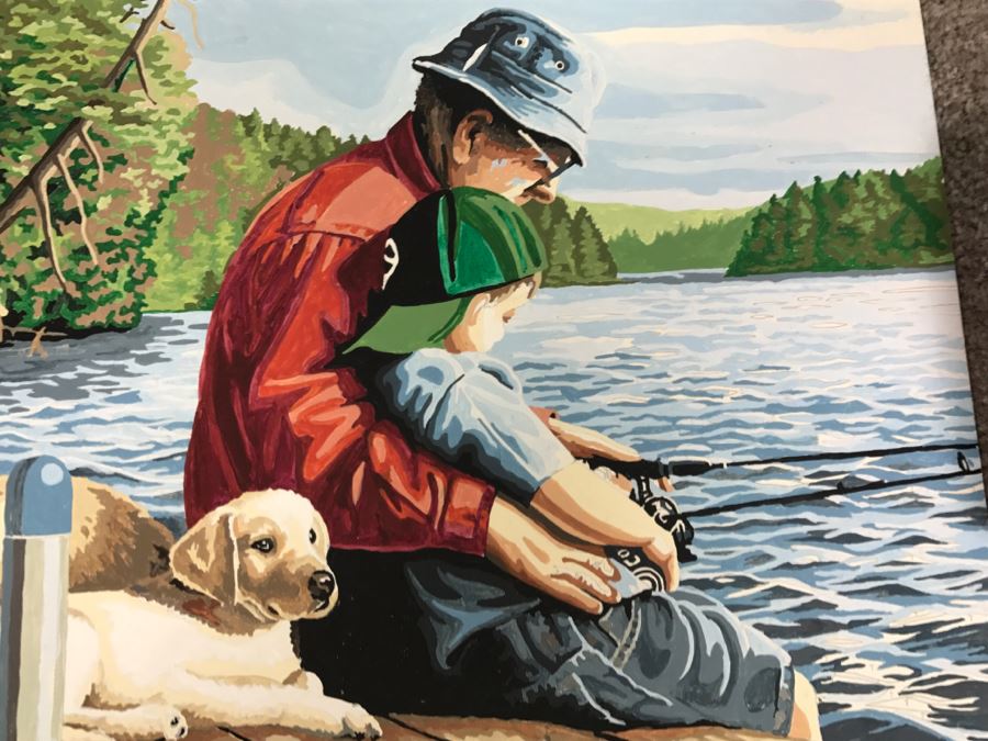Vintage Paint By Number Grandpa With Grandson Fishing On Dock With Labs [Photo 4]