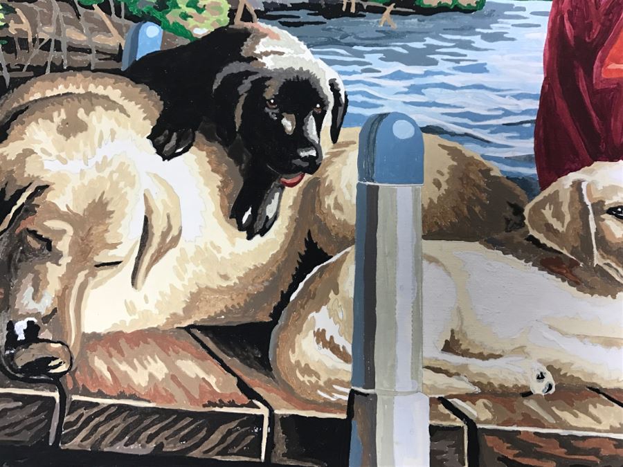 Vintage Paint By Number Grandpa With Grandson Fishing On Dock With Labs [Photo 8]