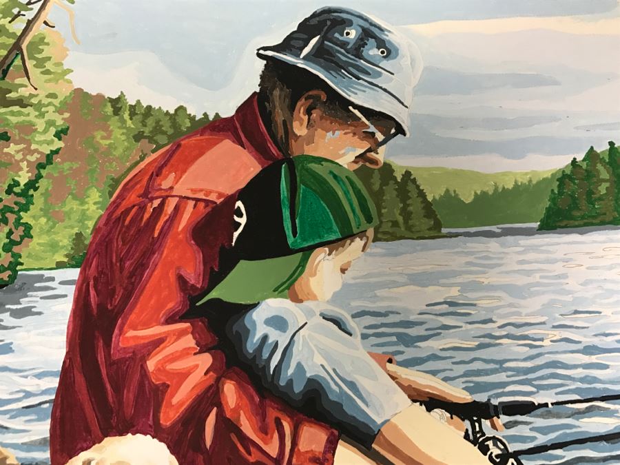 Vintage Paint By Number Grandpa With Grandson Fishing On Dock With Labs [Photo 5]