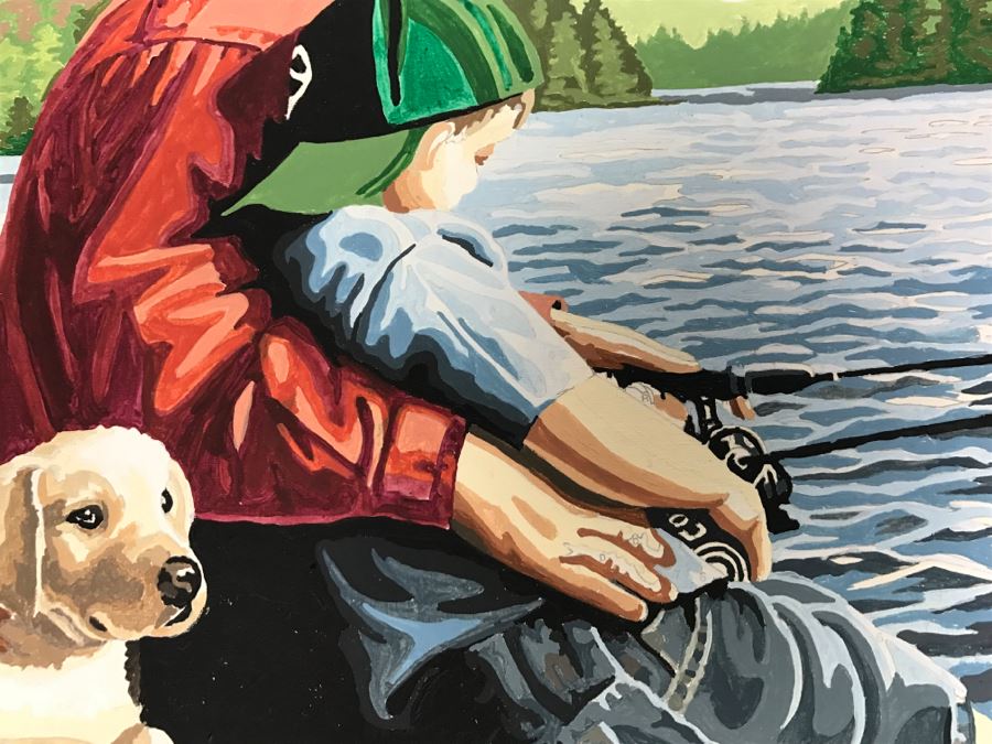 Vintage Paint By Number Grandpa With Grandson Fishing On Dock With Labs [Photo 6]