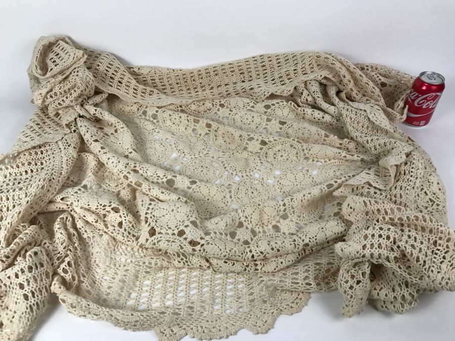 Cream Colored Crocheted Bedspread Or Tablecloth 78' X 48' [Photo 6]