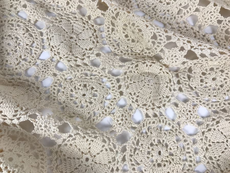 Cream Colored Crocheted Bedspread Or Tablecloth 78' X 48' [Photo 7]