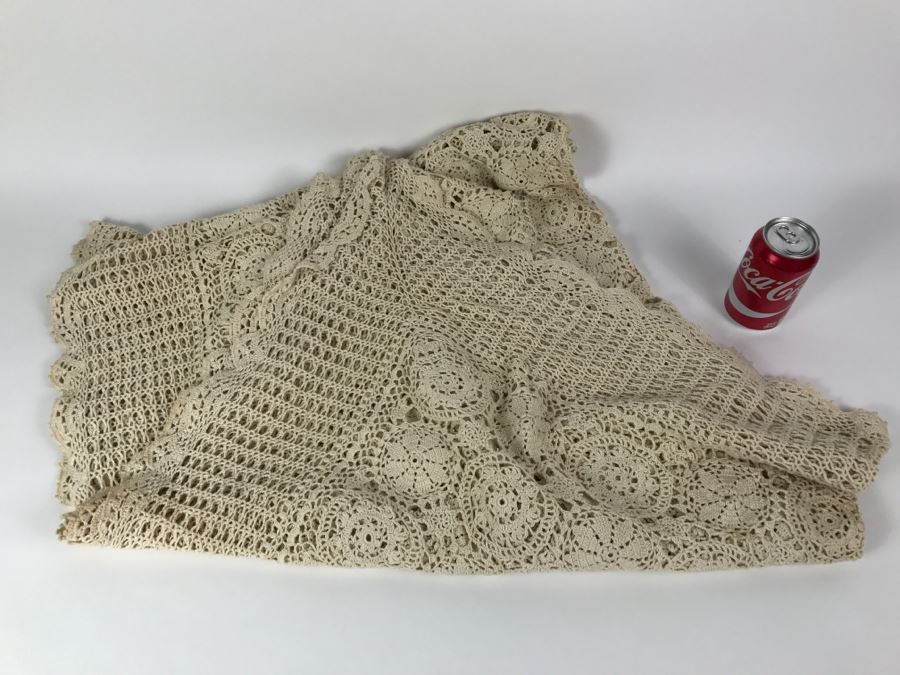 Cream Colored Crocheted Bedspread Or Tablecloth 78' X 48' [Photo 3]