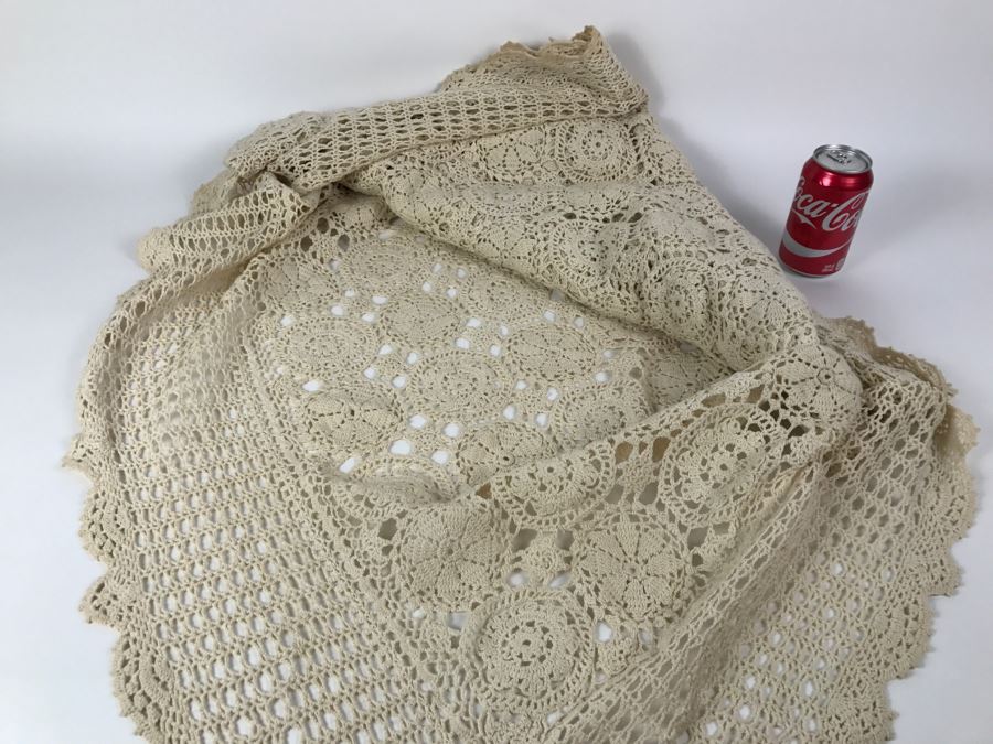 Cream Colored Crocheted Bedspread Or Tablecloth 78' X 48' [Photo 1]