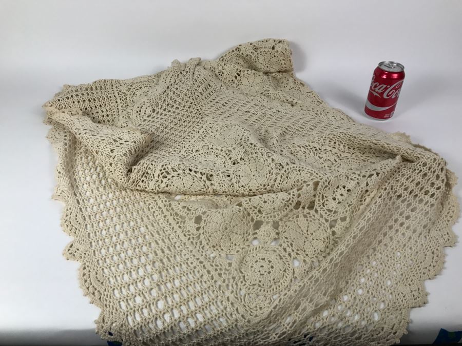 Cream Colored Crocheted Bedspread Or Tablecloth 78' X 48' [Photo 5]