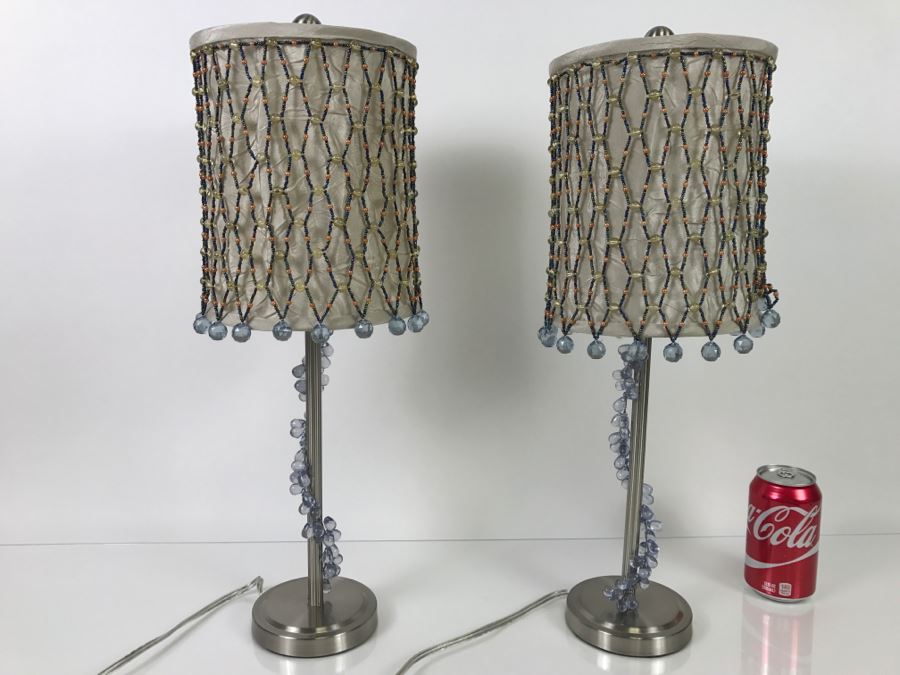 Pair Of Metal Table Lamps With Beaded Shades - 1'10'H [Photo 2]