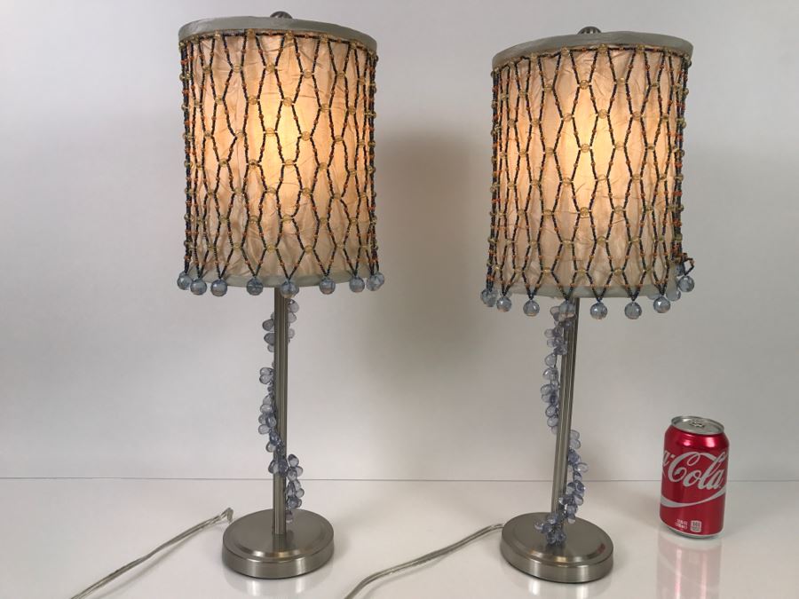Pair Of Metal Table Lamps With Beaded Shades - 1'10'H [Photo 1]