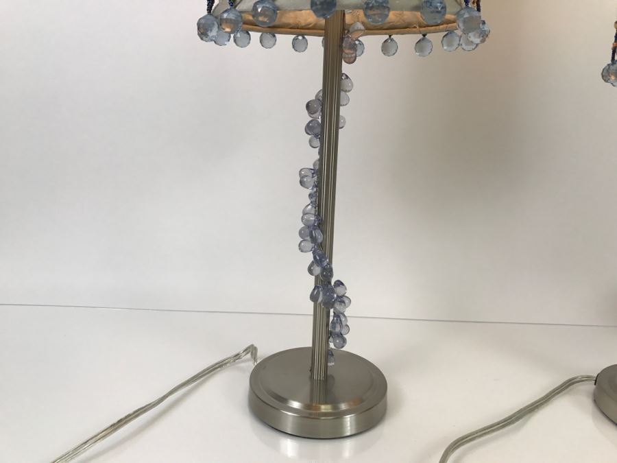 Pair Of Metal Table Lamps With Beaded Shades - 1'10'H [Photo 4]