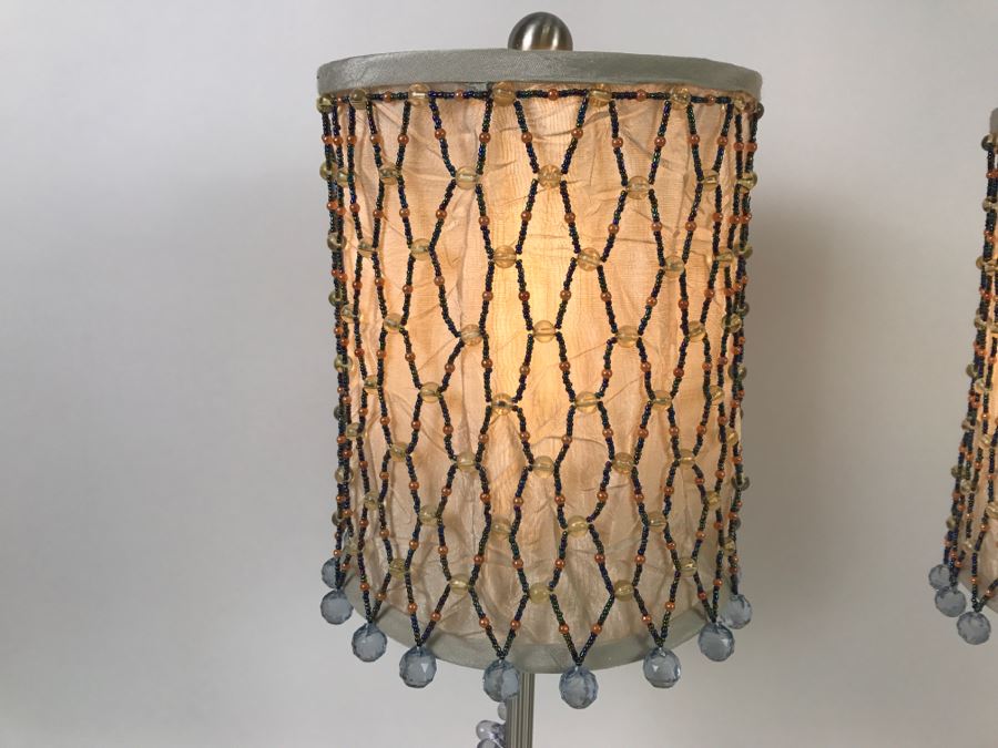 Pair Of Metal Table Lamps With Beaded Shades - 1'10'H [Photo 3]