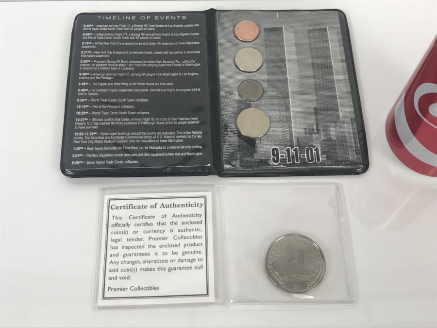 9/11/01 Coins With Timeline Of Events From The Merrick Mint And 9/11 Coin From Premier Collectibles