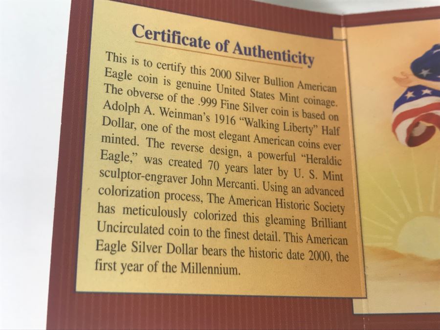 2000 Colorized Silver Bullion American Eagle Coin .999 Fine Silver American Historic Society [Photo 6]