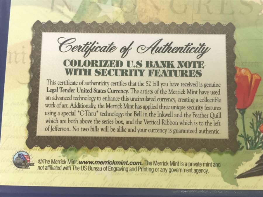 Colorized U.S. Bank Note With Security Features $2 Bill California Merrick Mint [Photo 8]